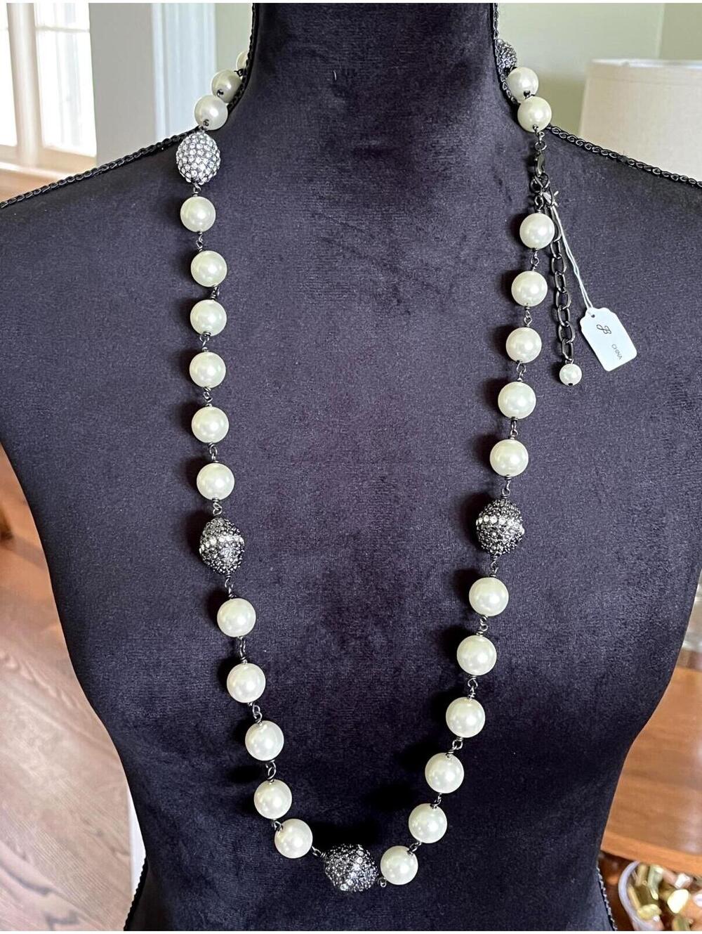 Joan Boyce Long Pearl Beaded Necklace with Rhinestone Accent Beads